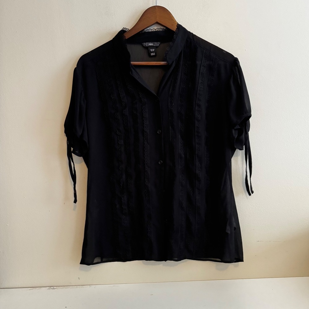 Womens S16 Black Lace Trim Sheer Button Down Blouse Whimsigoth Coquette Layers